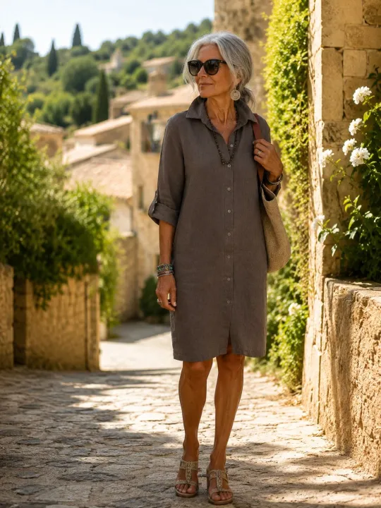 Woman wearing the taupe linen Ménerbes shirt dress in the Luberon, Provence, France
