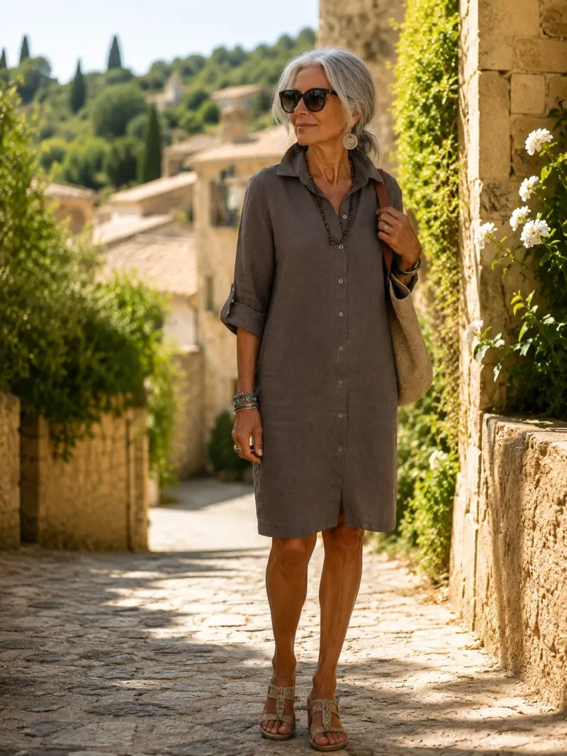 Woman wearing the taupe linen Ménerbes shirt dress in the Luberon, Provence, France