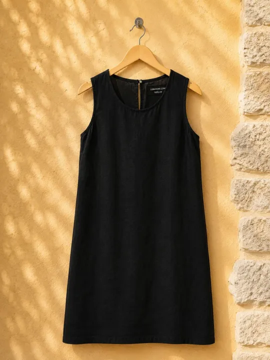 Robe en lin femme noire sans manches Lourmarin sur cintre