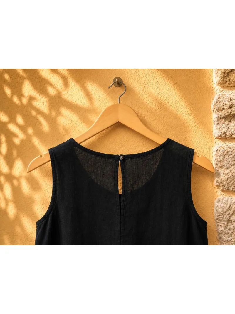 robe-lin-femme-noire-sans-manches-lourmarin-detail