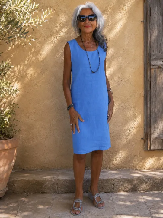 Robe en lin femme bleu roi sans manches Lourmarin