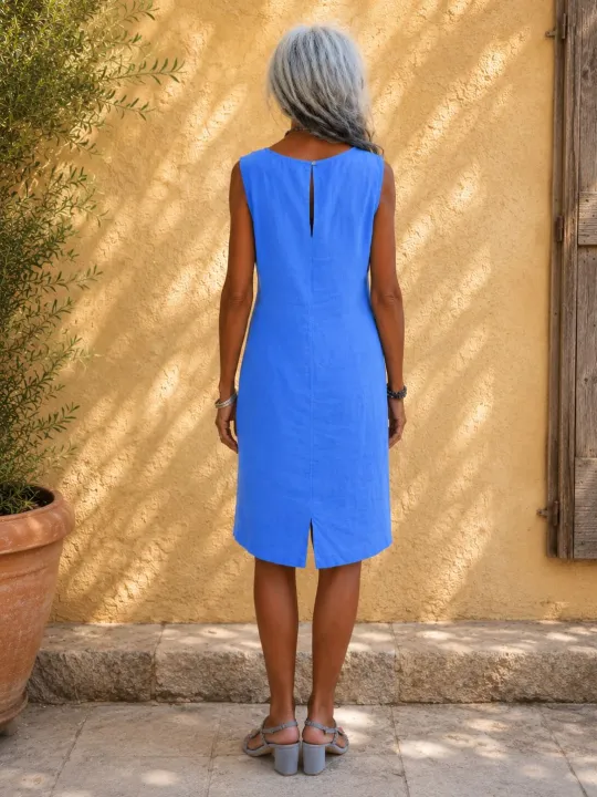 Back view of women's royal blue sleeveless linen dress Lourmarin