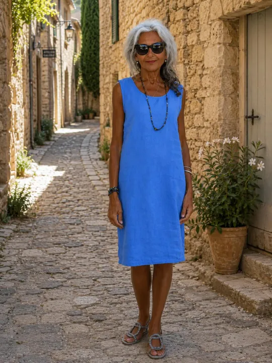 Robe en lin femme bleu roi sans manches Lourmarin dans une ruelle du Luberon