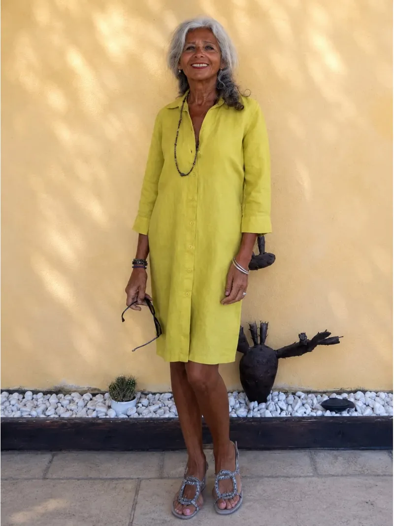 Women's yellow linen shirt dress with 3/4 sleeves Ménerbes by Luberone