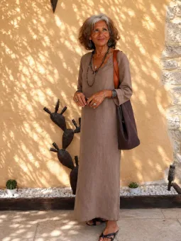 Women's long coffee linen dress with V-neck and long sleeves Rustrel