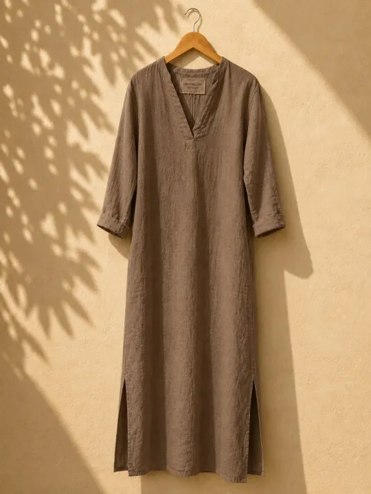 Robe longue en lin femme café col V manches longues Rustrel sur cintre