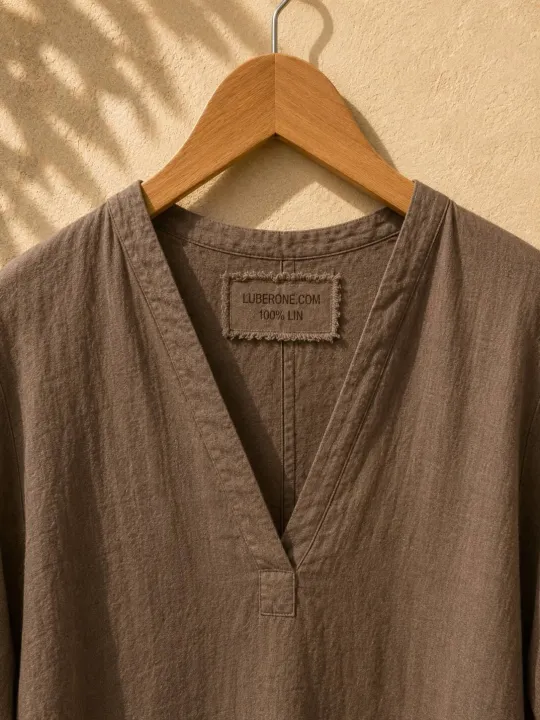 Détail du col V et de l'étiquette de la robe longue en lin femme café Rustrel