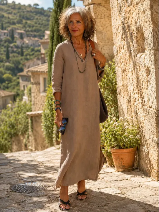 Robe longue en lin femme café col V manches longues Rustrel dans une ruelle du Luberon