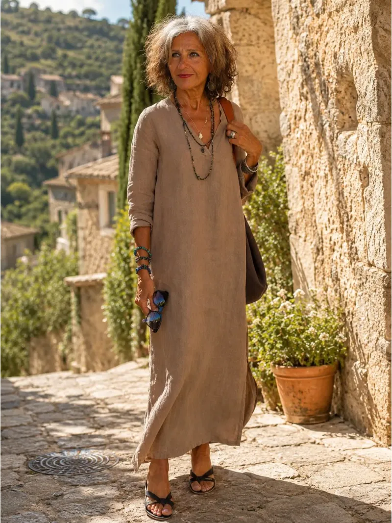 Robe longue en lin femme café col V manches longues Rustrel dans une ruelle du Luberon