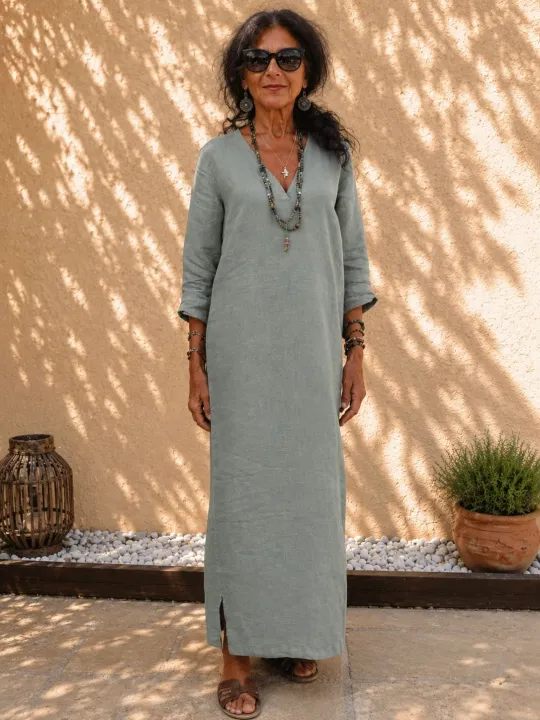 Robe longue en lin femme gris vert col V manches longues Rustrel vue de face