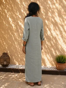 Robe longue en lin femme gris vert col V manches longues Rustrel vue de dos