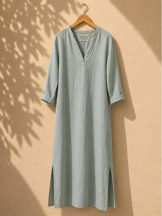 Women's long linen dress sage green V-neck long sleeves on hanger