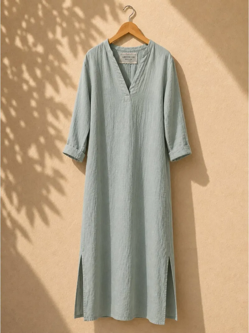 Women's long linen dress sage green V-neck long sleeves on hanger