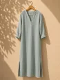 Women's long linen dress sage green V-neck long sleeves on hanger
