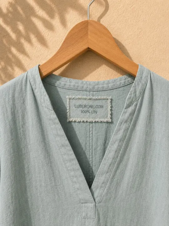 Close-up of the V-neck and embroidered label of the women's sage green long linen dress Rustrel