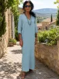 Women's long linen dress sage green V-neck long sleeves in the Luberon