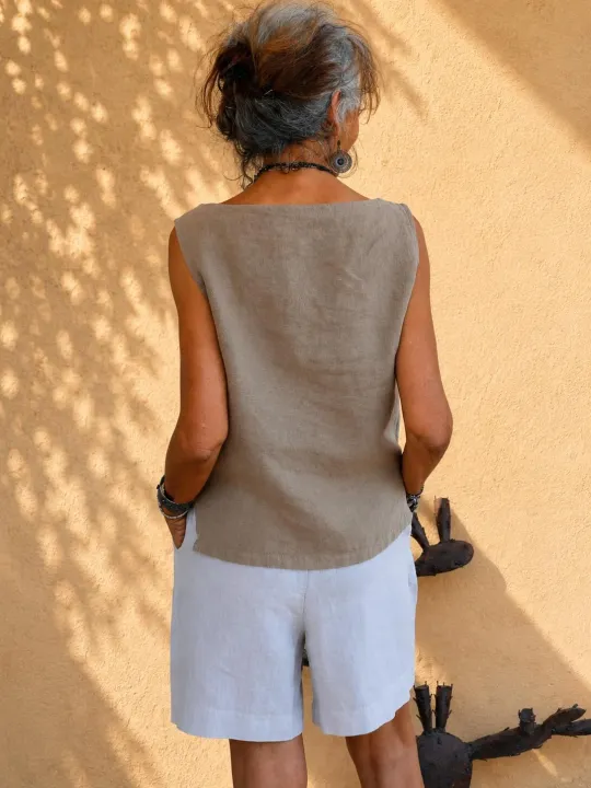 Women's sleeveless linen top in coffee brown Lauris back