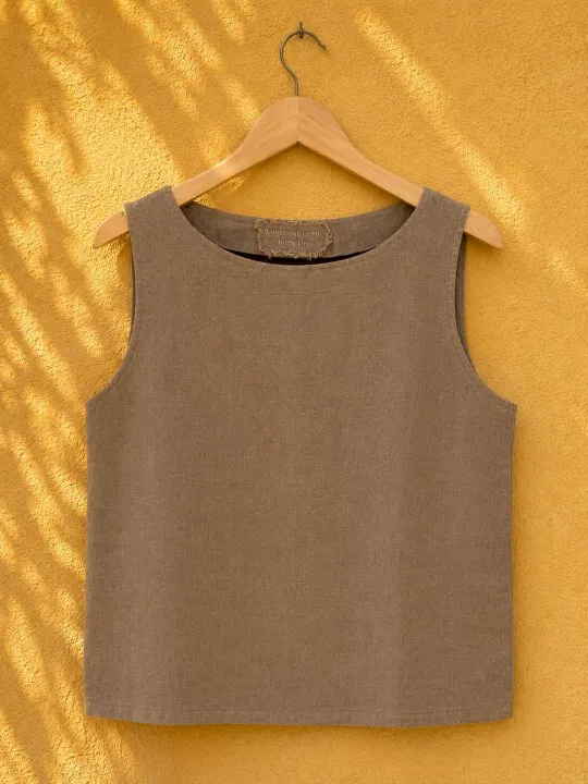Women's sleeveless coffee brown linen top Lauris on wooden hanger