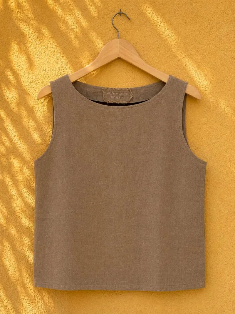Women's sleeveless coffee brown linen top Lauris on wooden hanger