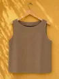 Women's sleeveless coffee brown linen top Lauris on wooden hanger