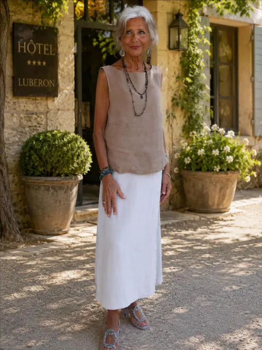Women's sleeveless coffee brown linen top Lauris in front of a hotel in the Luberon