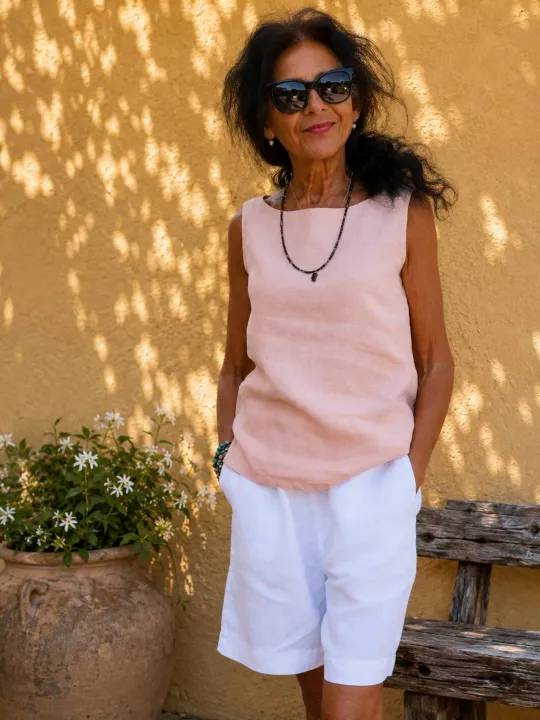 Women's salmon linen sleeveless top Lauris