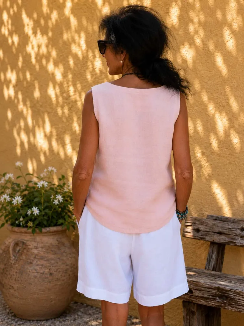 Back view of the women's salmon linen sleeveless top Lauris