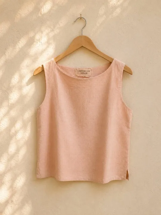 Women's salmon linen sleeveless top Lauris on a wooden hanger