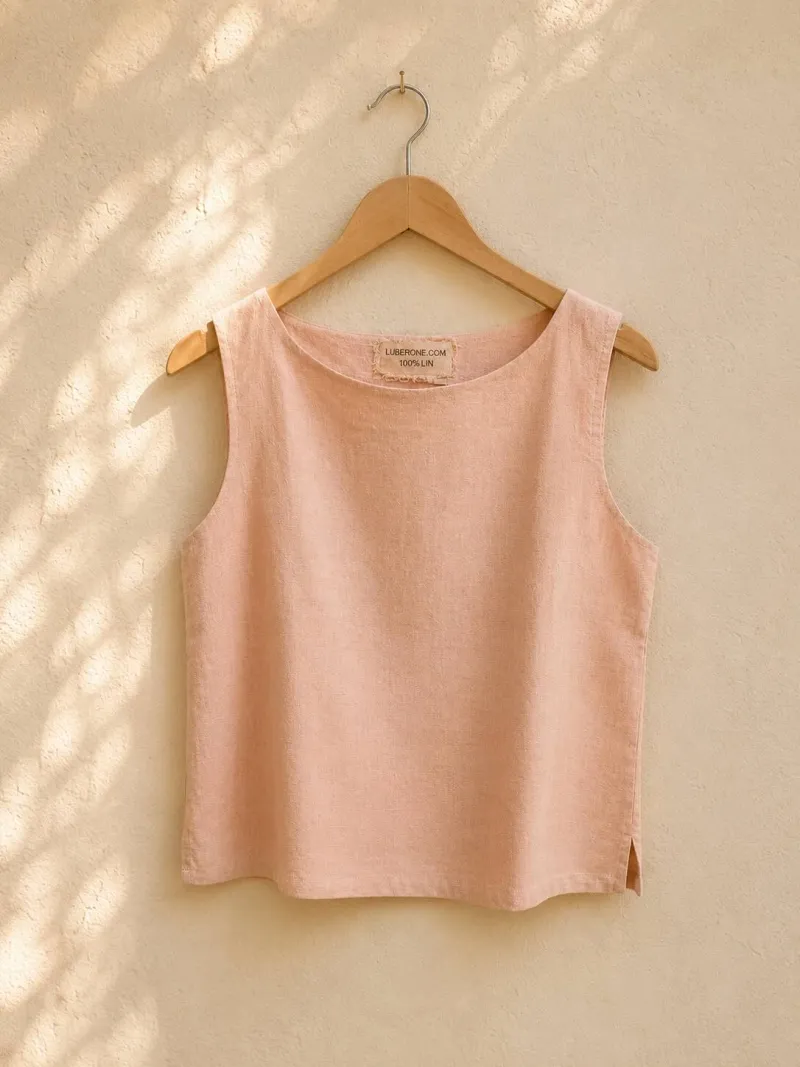 Women's salmon linen sleeveless top Lauris on a wooden hanger
