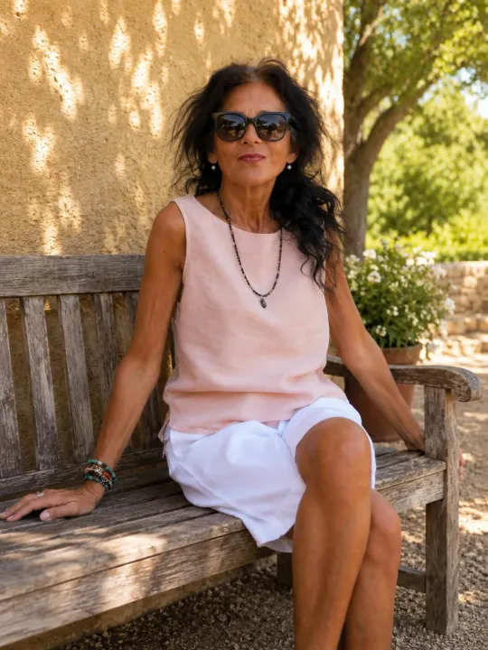 Women's salmon linen sleeveless top Lauris worn on a wooden bench in the Luberon