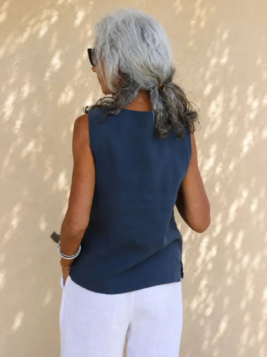 Women's navy linen sleeveless top Lauris back view