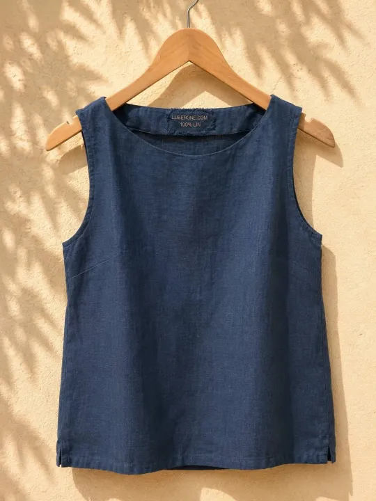 Top en lin femme marine sans manches Lauris sur cintre en bois