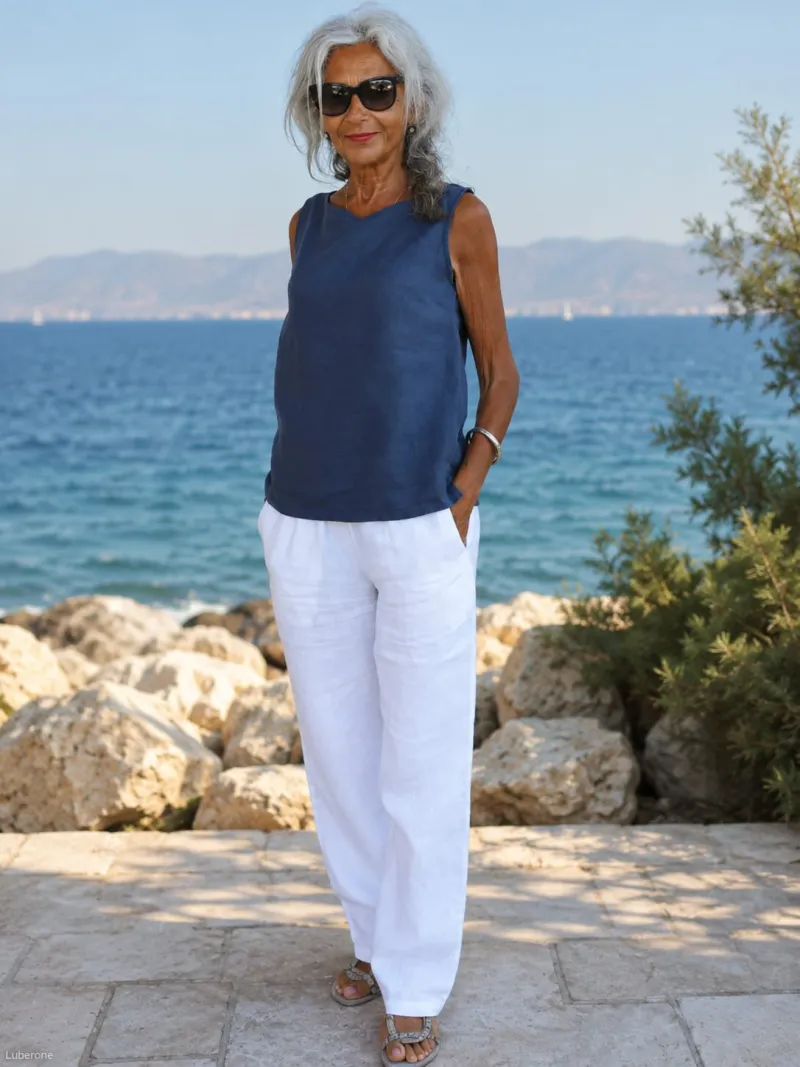 Top en lin femme marine sans manches Lauris face à la mer