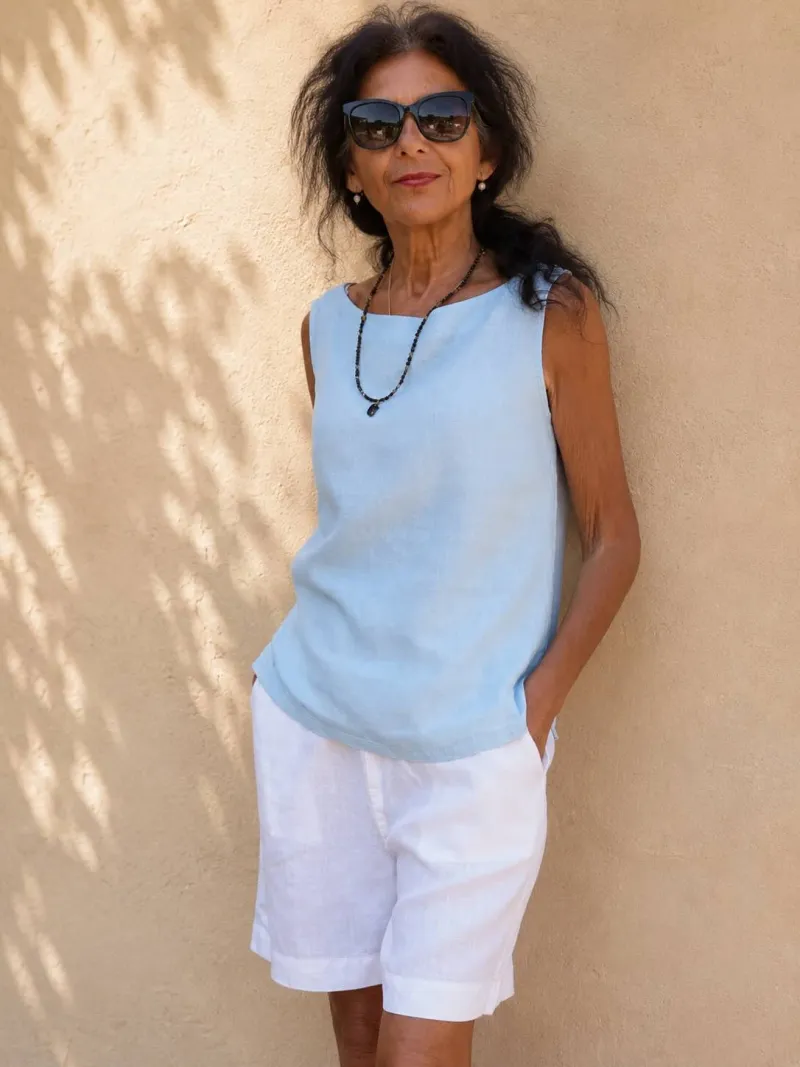 Top en lin femme bleu ciel sans manches Lauris