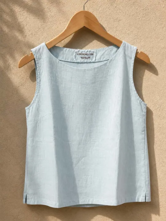 Top en lin femme bleu ciel sans manches Lauris sur cintre