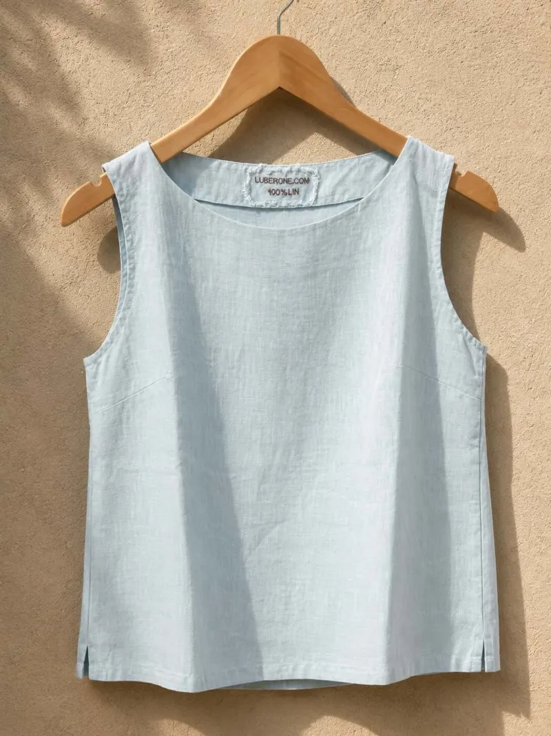 Top en lin femme bleu ciel sans manches Lauris sur cintre