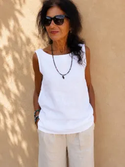Top en lin blanc sans manches pour femme Lauris