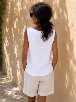 Back view of Lauris women's white sleeveless linen top