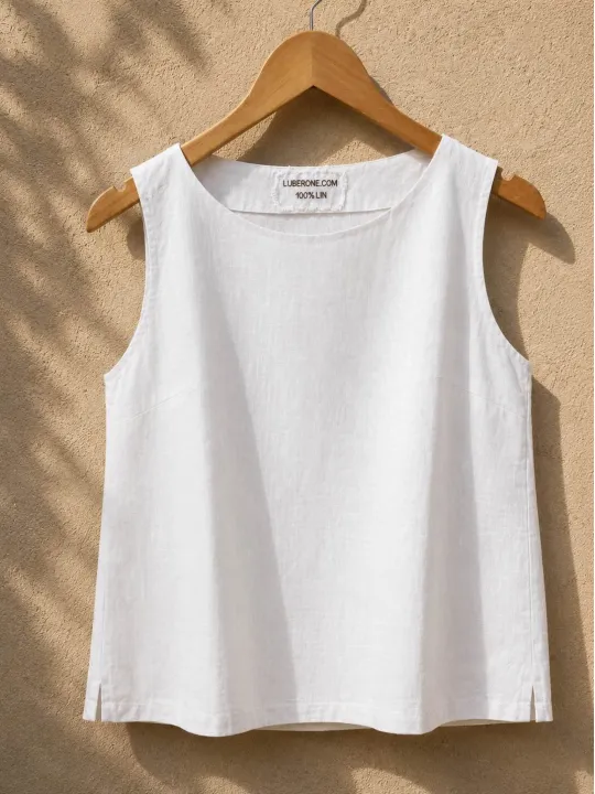 Top en lin blanc sans manches pour femme Lauris sur cintre