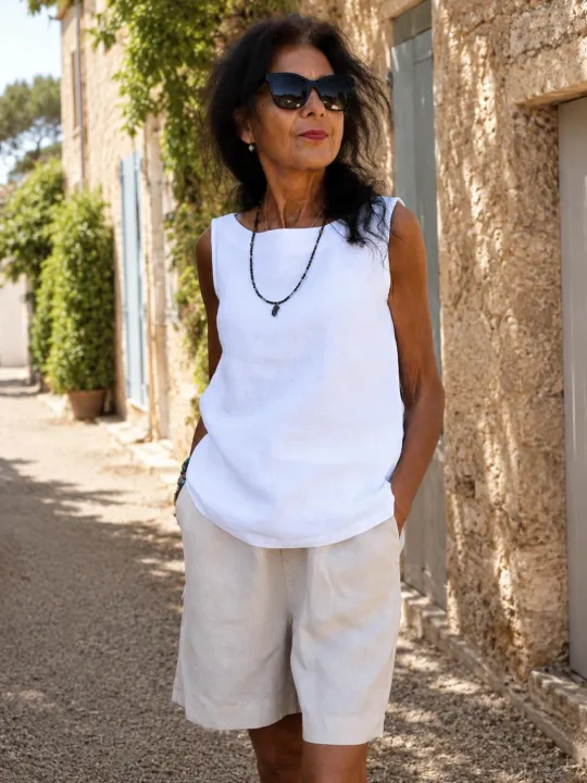 Lauris women's white sleeveless linen top worn in the Luberon