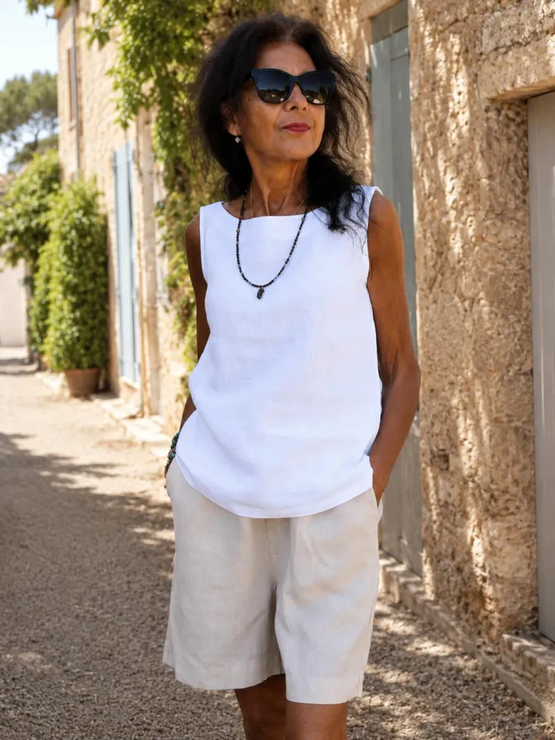 Top en lin blanc sans manches pour femme Lauris porté dans le Luberon