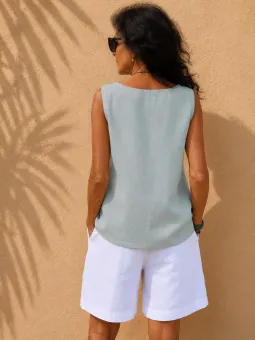 Top en lin femme gris bleu sans manches Lauris – dos
