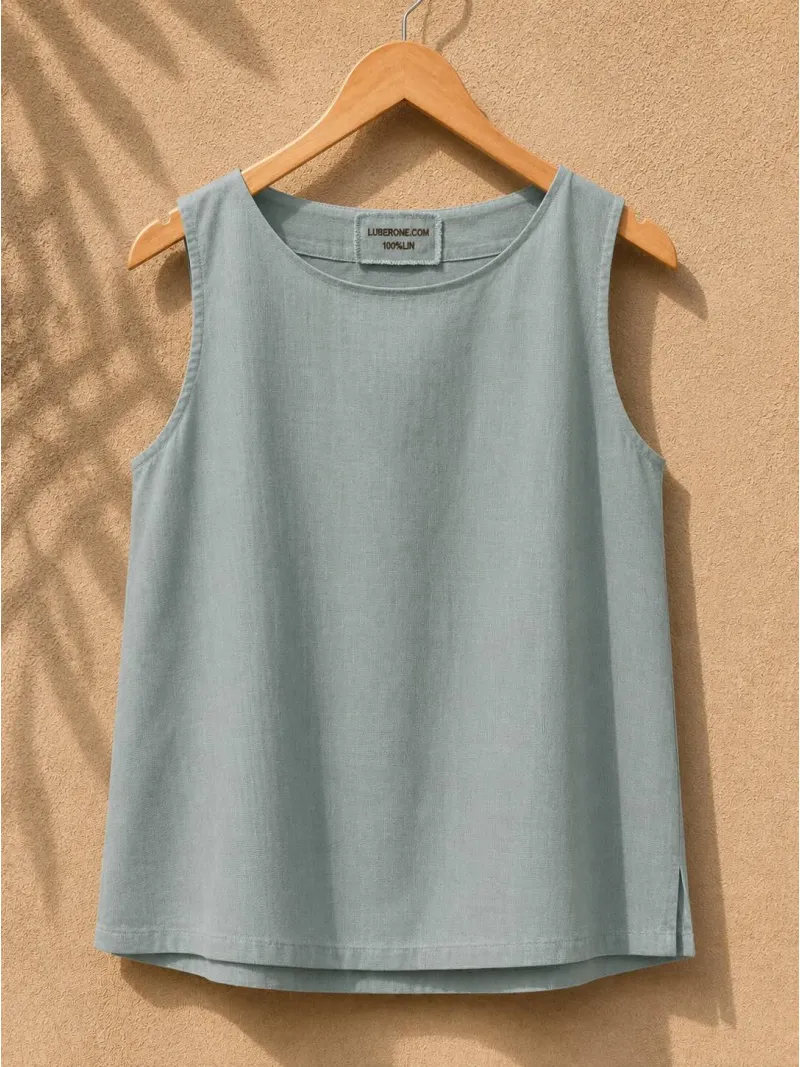 Top en lin femme gris bleu sans manches Lauris sur cintre