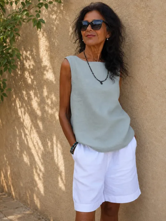 Top en lin femme gris bleu sans manches Lauris – face