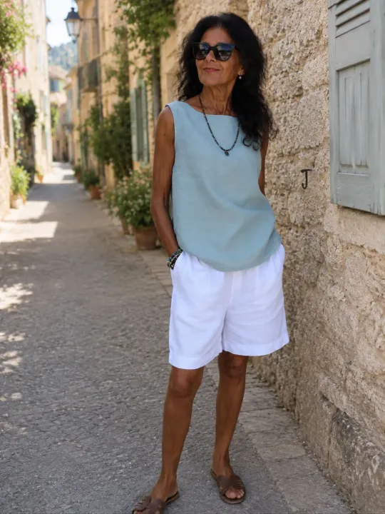 Top en lin femme gris bleu sans manches Lauris porté dans une rue du Luberon
