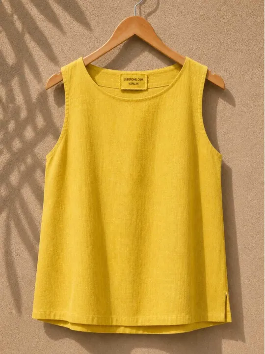 Women's sleeveless yellow linen top Lauris on wooden hanger – 100% linen