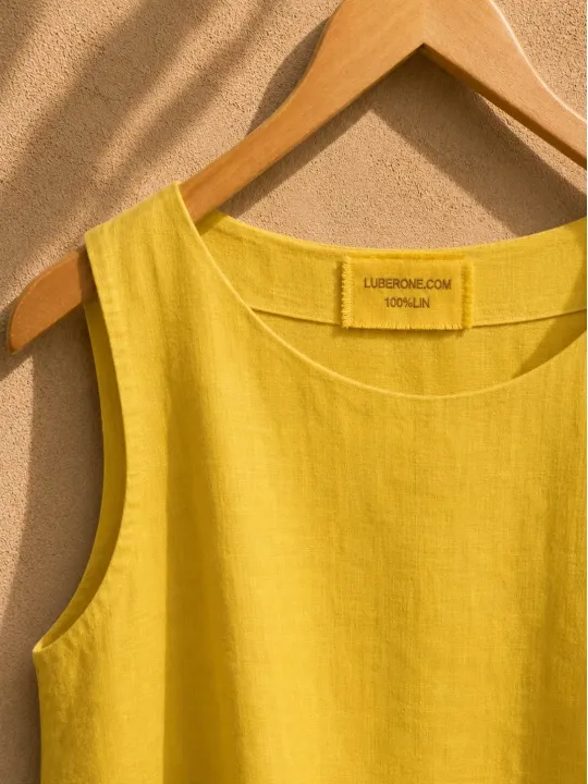 Col rond et étiquette du top en lin femme jaune Lauris – 100% lin