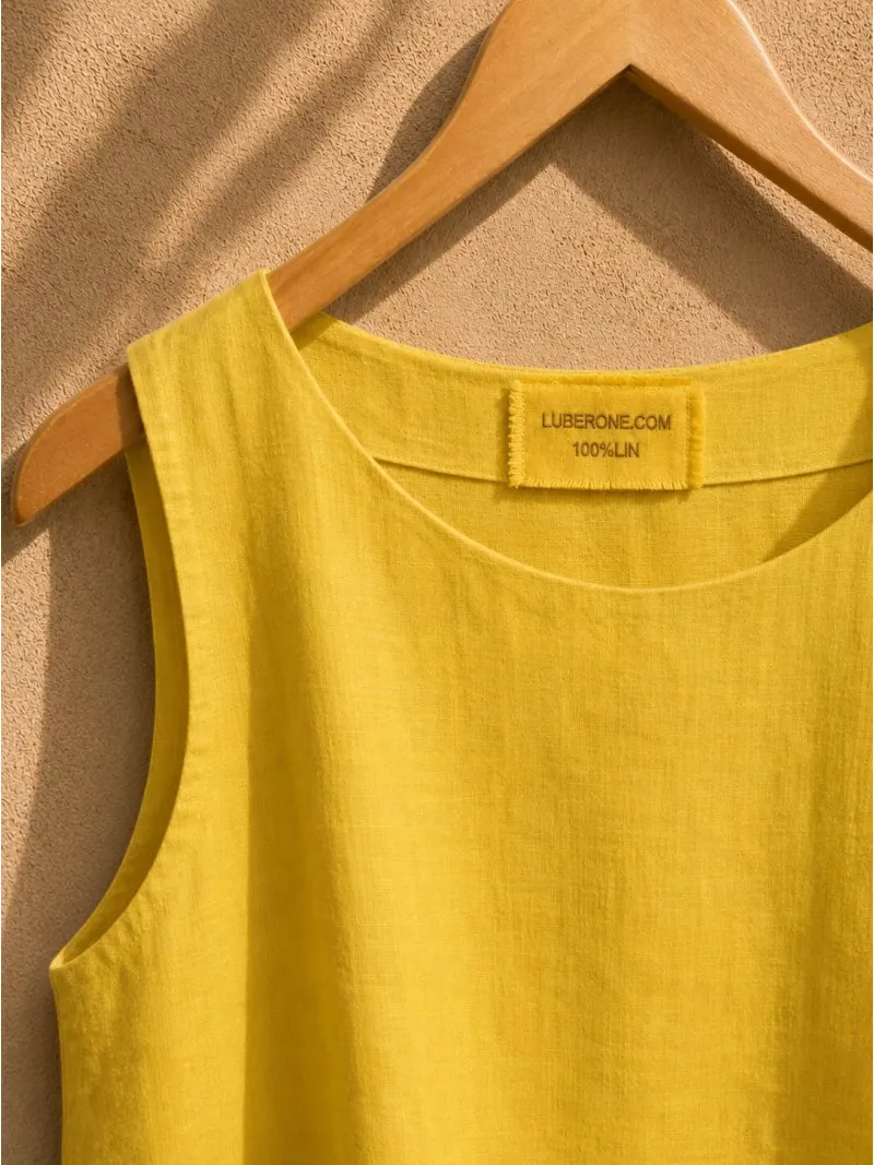 Col rond et étiquette du top en lin femme jaune Lauris – 100% lin