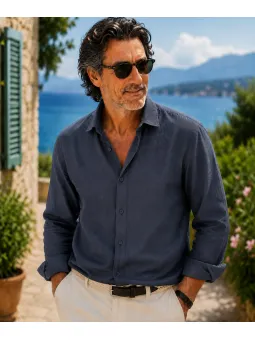 Men's Long Sleeve Linen Shirt Navy – Bonnieux – Front View