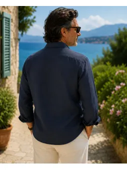 Men's Long Sleeve Linen Shirt Navy – Bonnieux – Back View